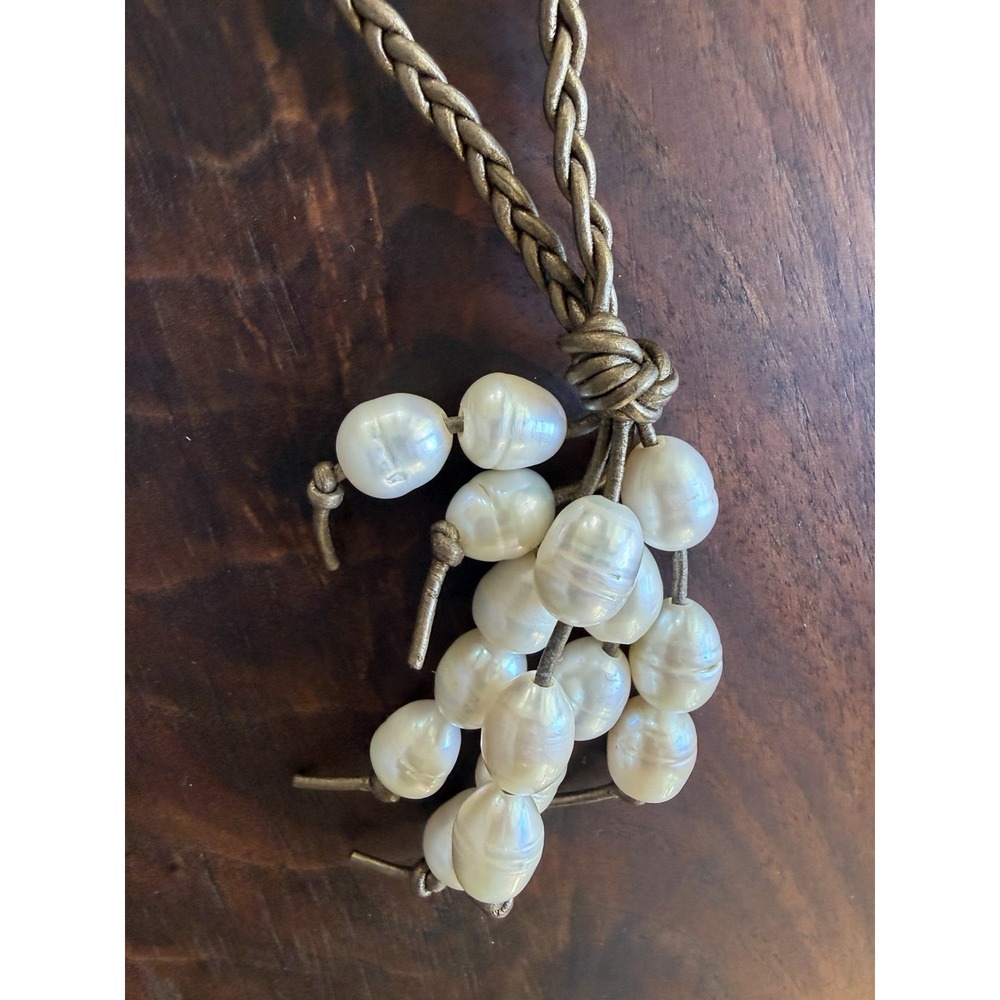 Vtg 14-16"Necklace 3"Earrings Set Freshwater Baroque Pearls Leather Boho Artisan
